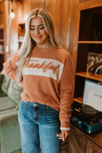 Burnt Orange Thankful Long Sleeve Sweater