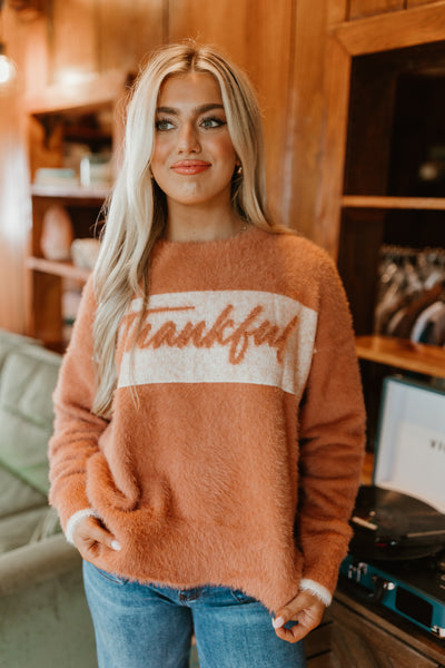 Burnt Orange Thankful Long Sleeve Sweater