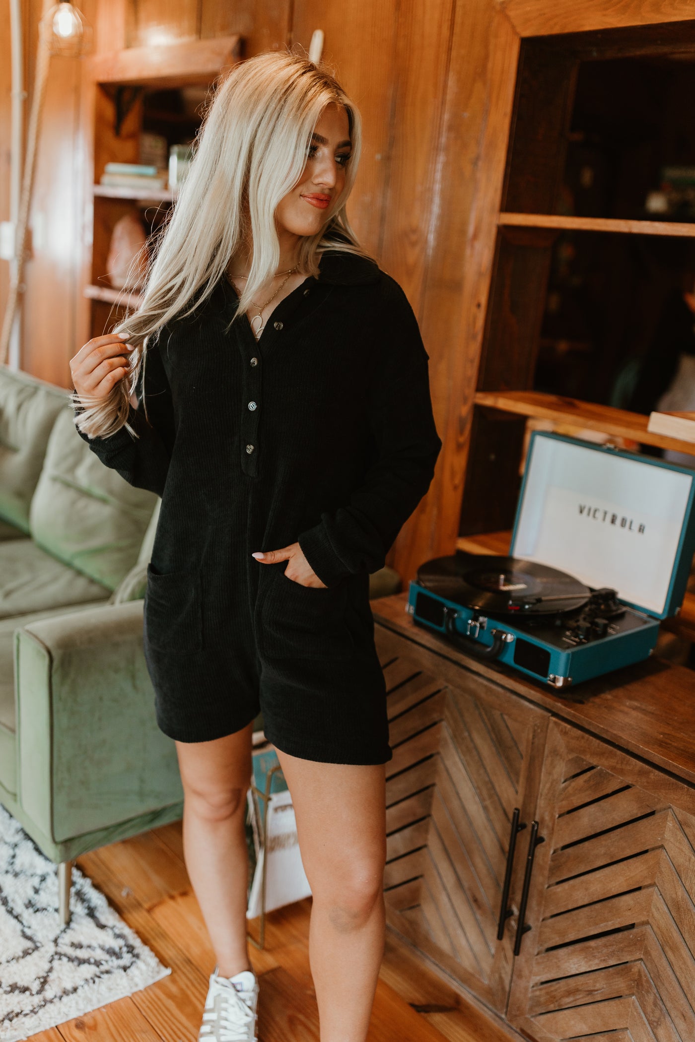 Black Collared Half Button Romper