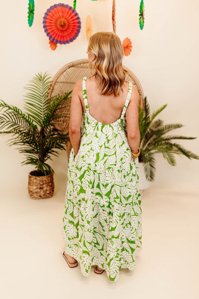 Karlie Green Palm Leaf Ibiza Tier Maxi Dress