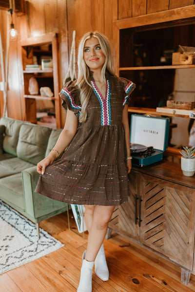 Brown Multi Textured Flutter Sleeve Mini Dress