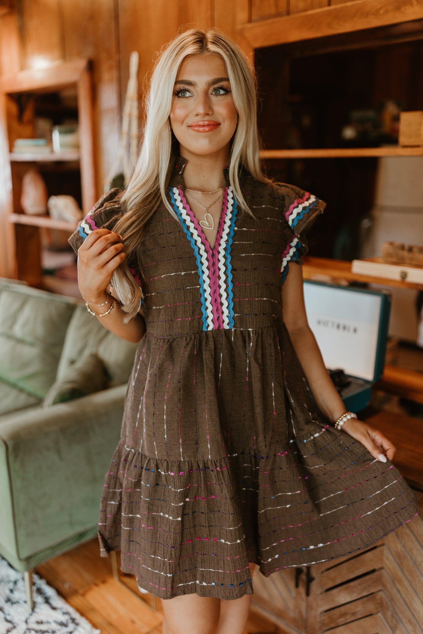 Brown Multi Textured Flutter Sleeve Mini Dress