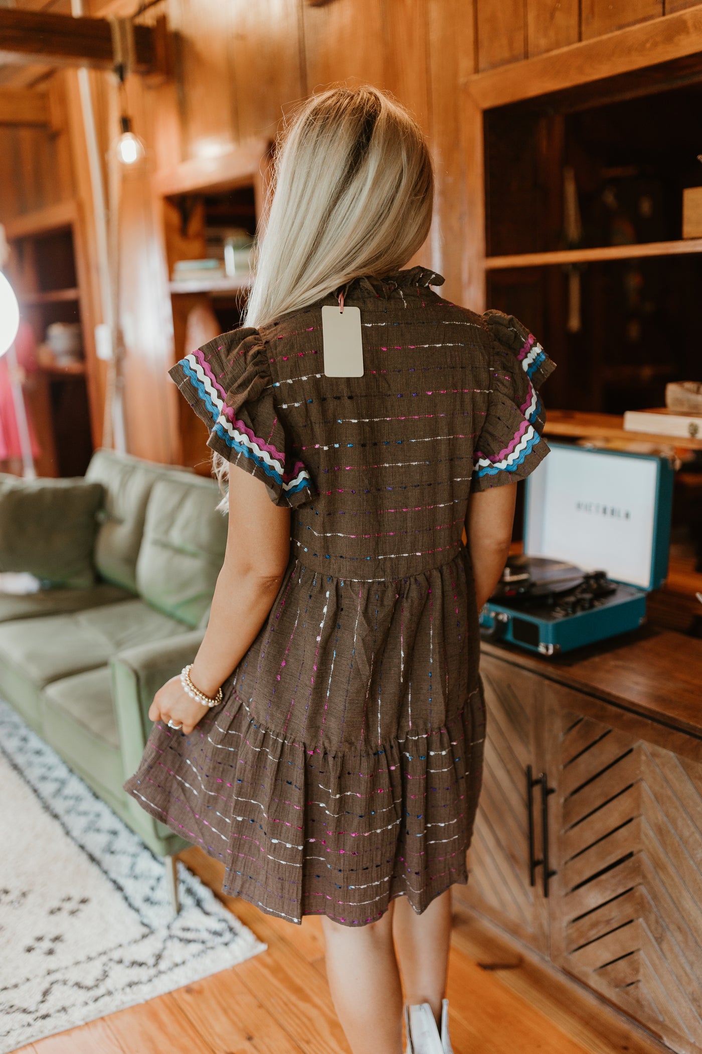 Brown Multi Textured Flutter Sleeve Mini Dress