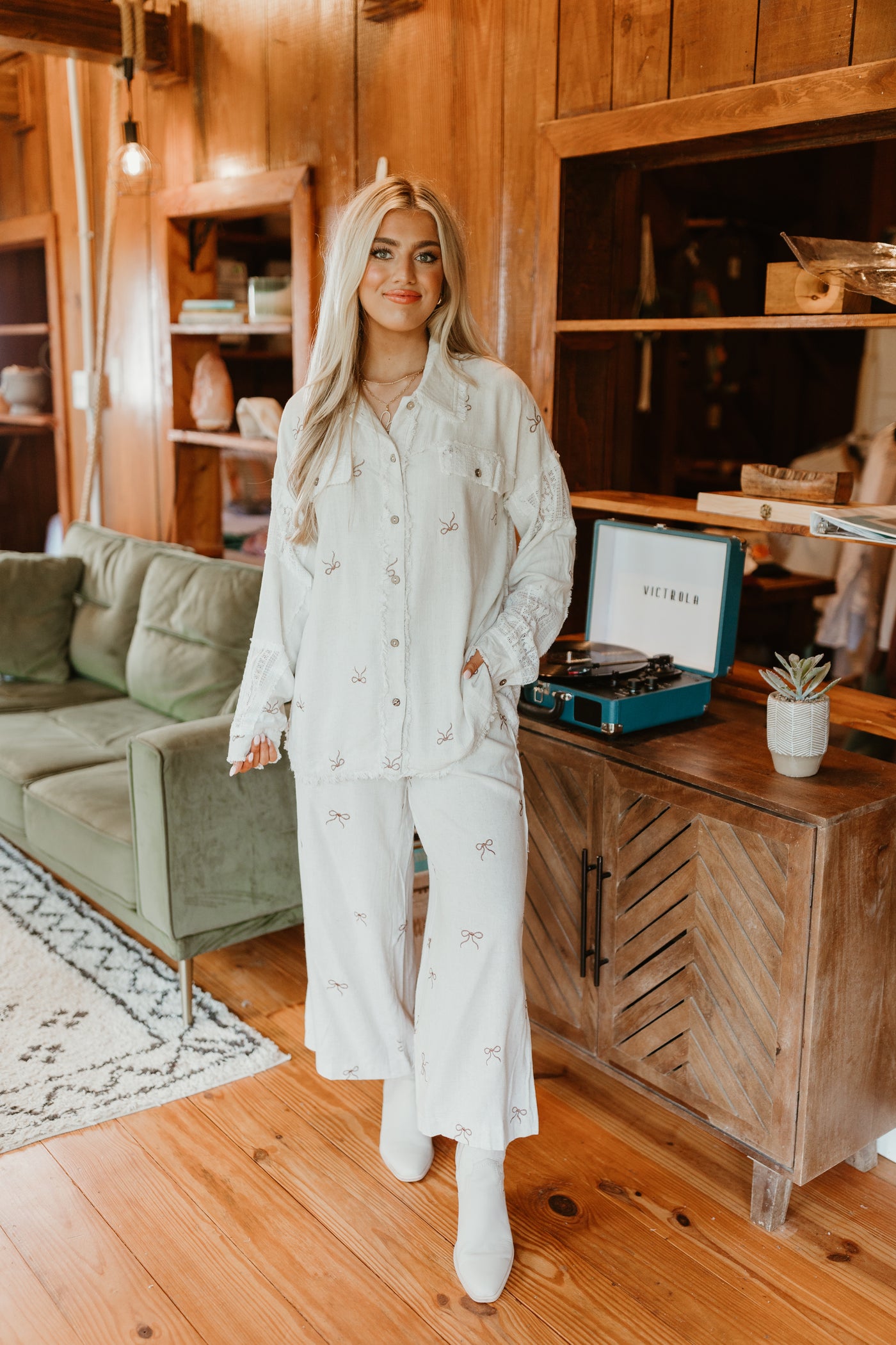 Oatmeal Linen Bow Embroidered Button Down and Pant Set