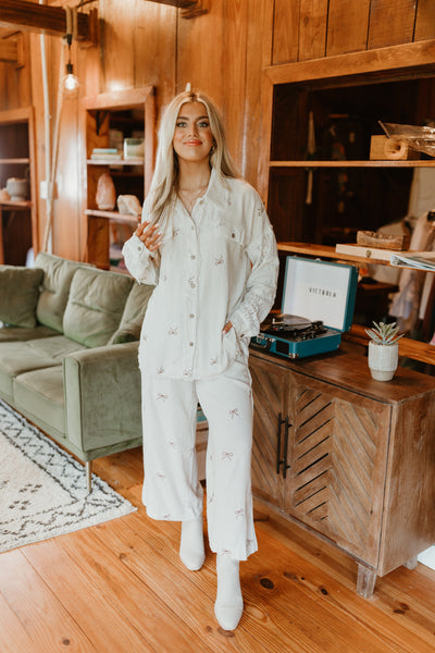 Oatmeal Linen Bow Embroidered Button Down and Pant Set