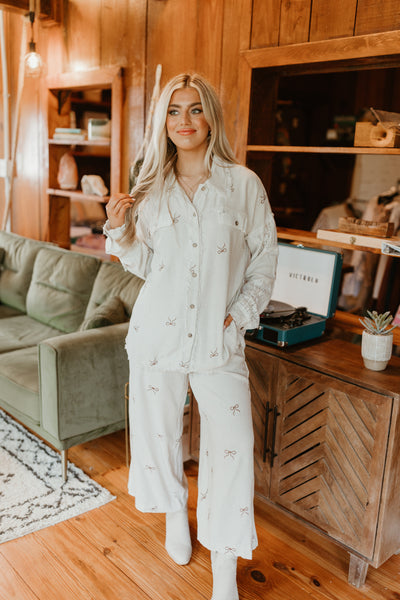 Oatmeal Linen Bow Embroidered Button Down and Pant Set