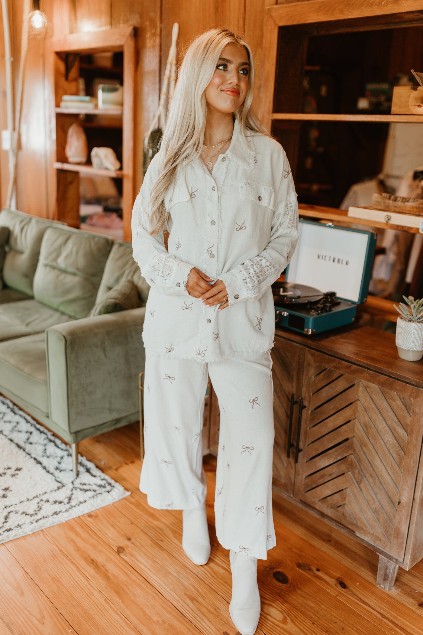 Oatmeal Linen Bow Embroidered Button Down and Pant Set