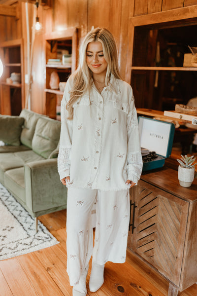 Oatmeal Linen Bow Embroidered Button Down and Pant Set