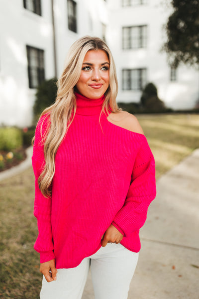 Hot Pink Turtleneck Shoulder Cutout Sweater