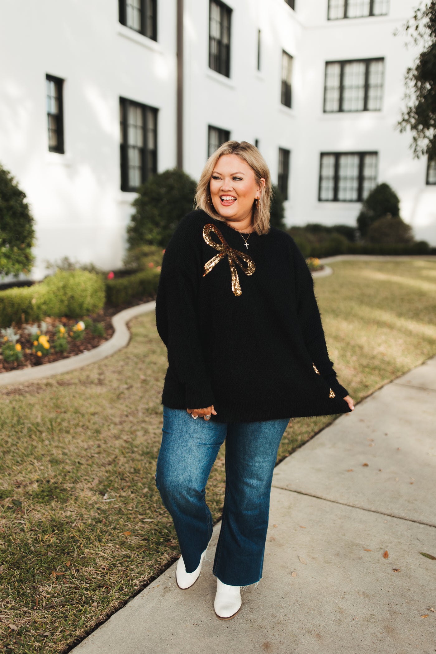 Black Gold Sequin Bow Fuzzy Sweater