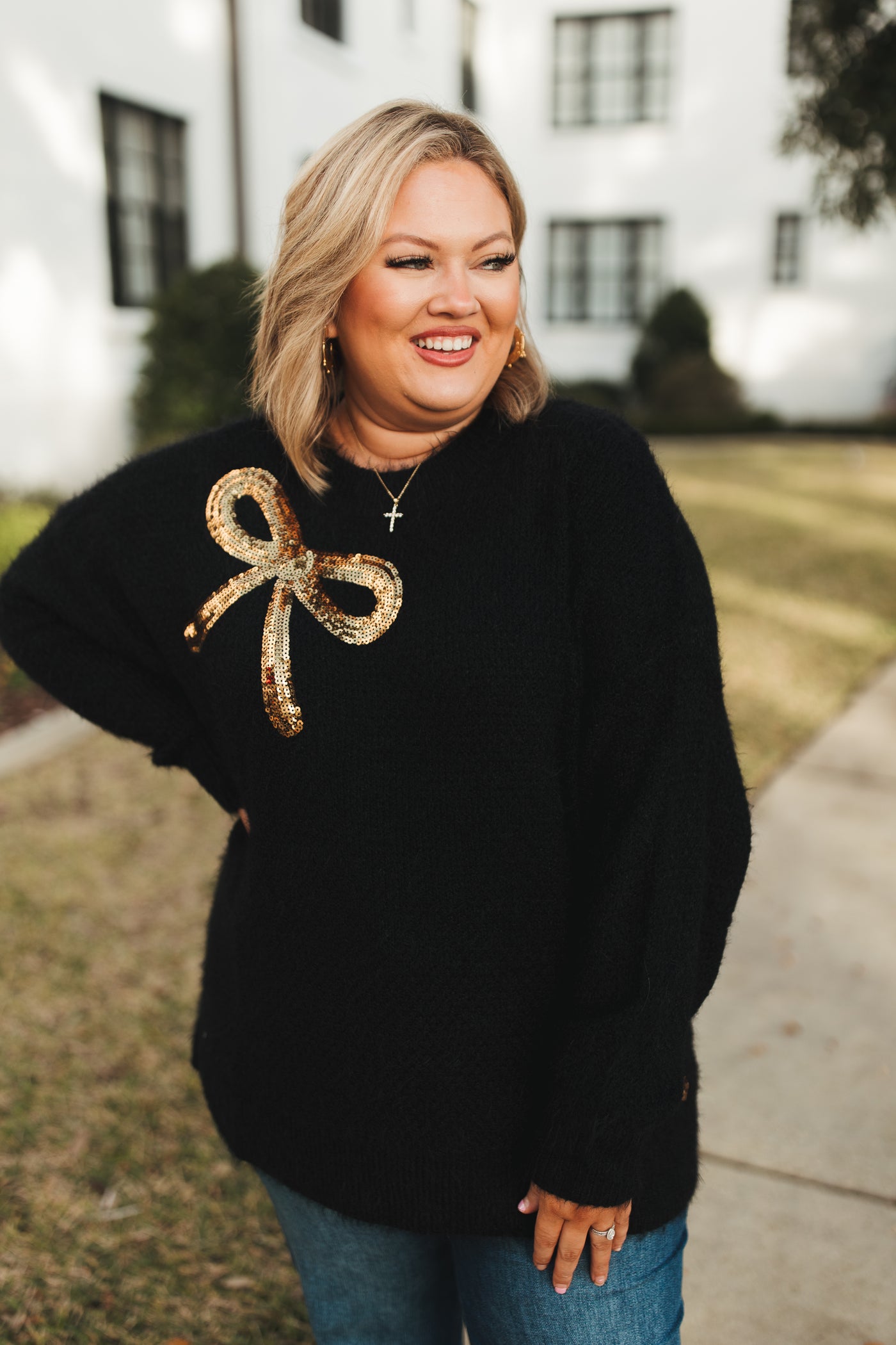 Black Gold Sequin Bow Fuzzy Sweater