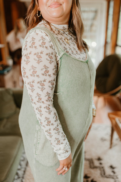 Vintage Olive Vintage Washed Waffle Knit Overalls