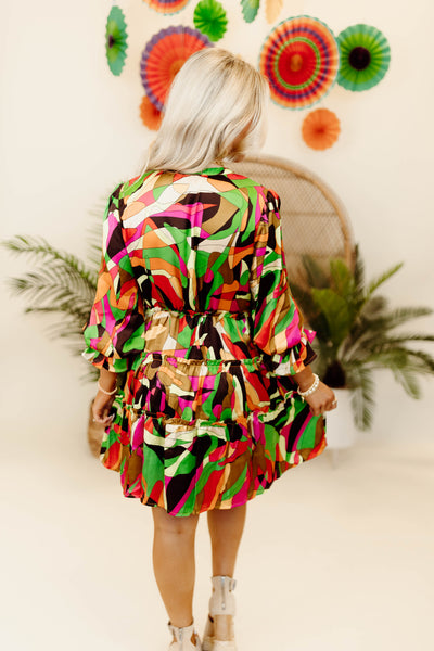 Karlie Brown Multi Abstract Satin Tiered Dress