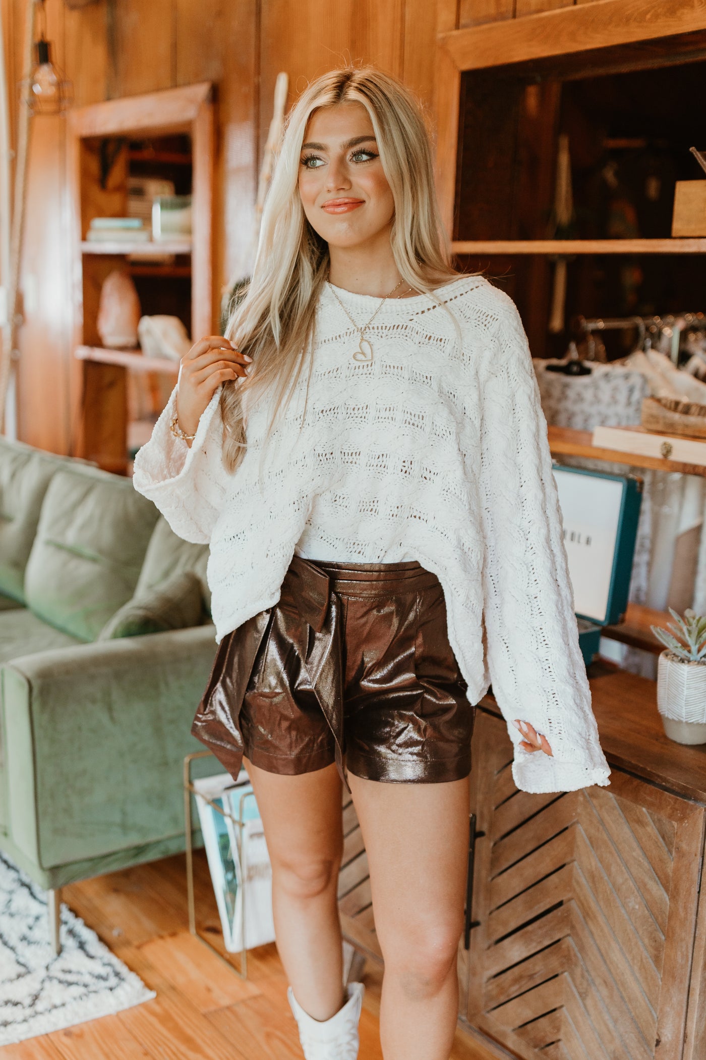 Brown Metallic Bow Detail Shorts