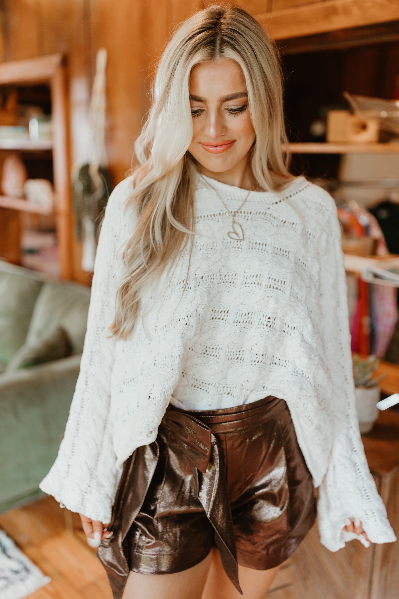 Cream Round Neck Cropped Bell Sleeve Sweater