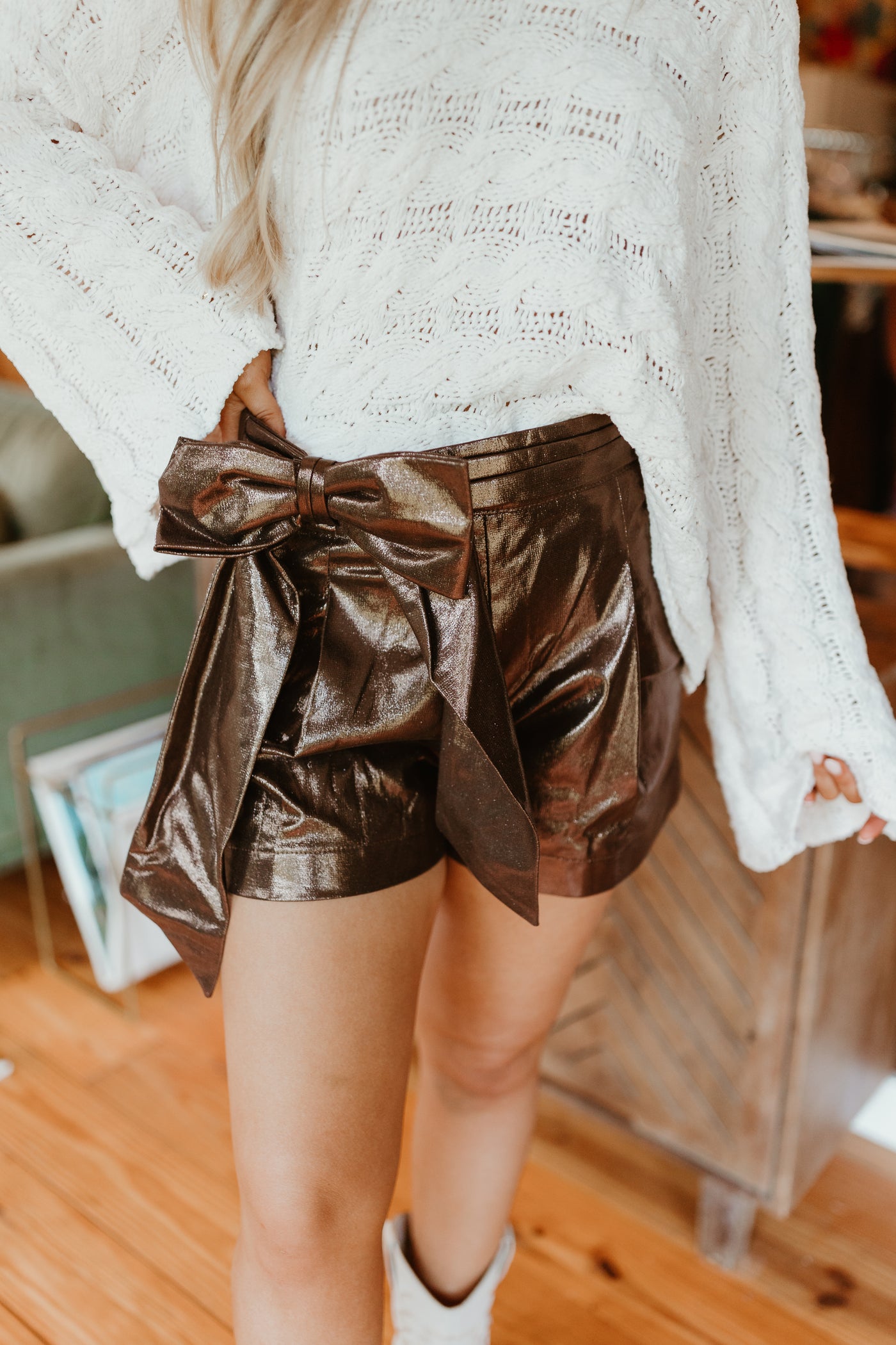 Brown Metallic Bow Detail Shorts