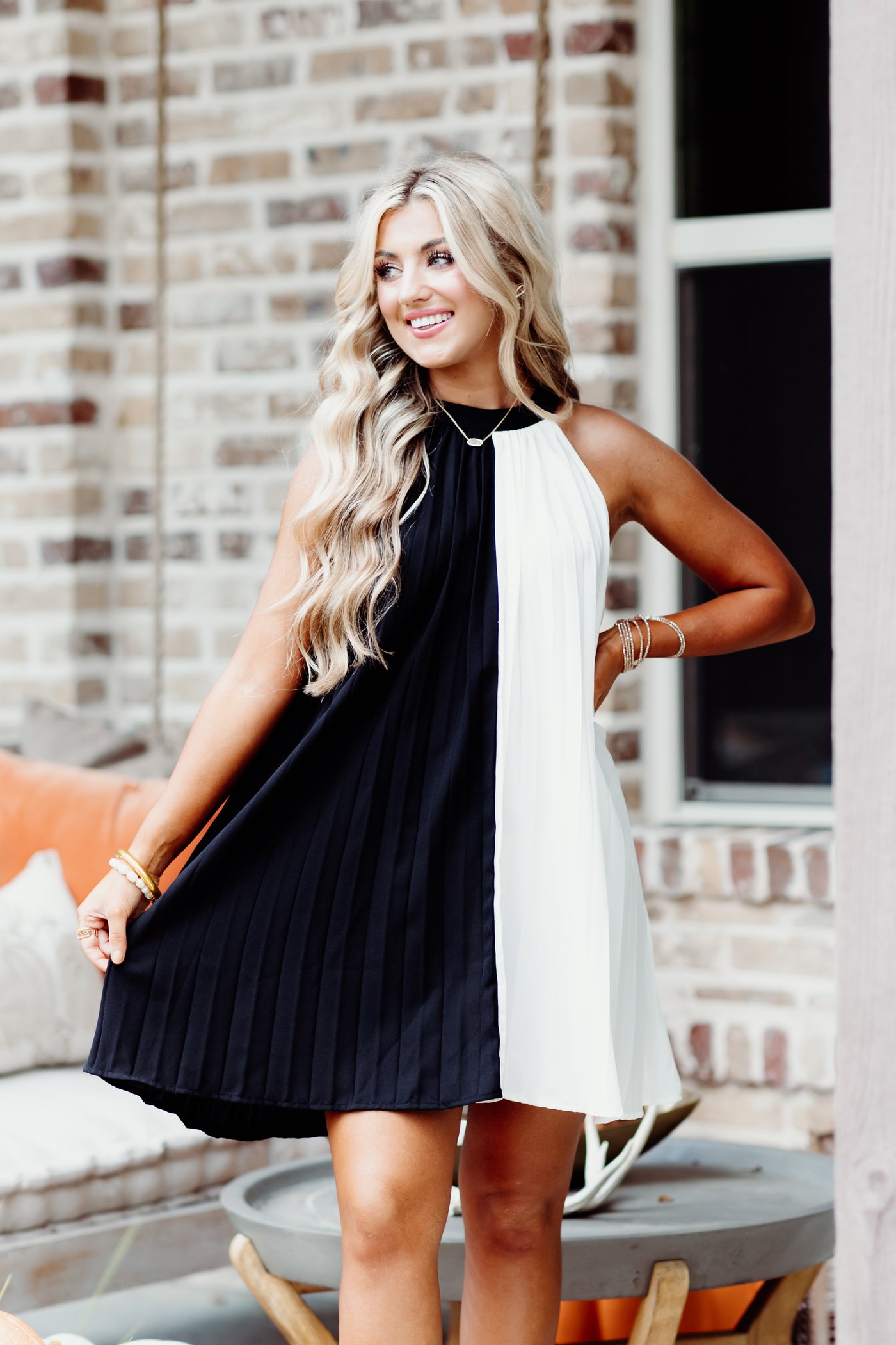 Black and White Colorblock Pleated Dress