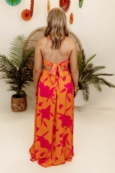Orange Printed Halter Maxi Dress