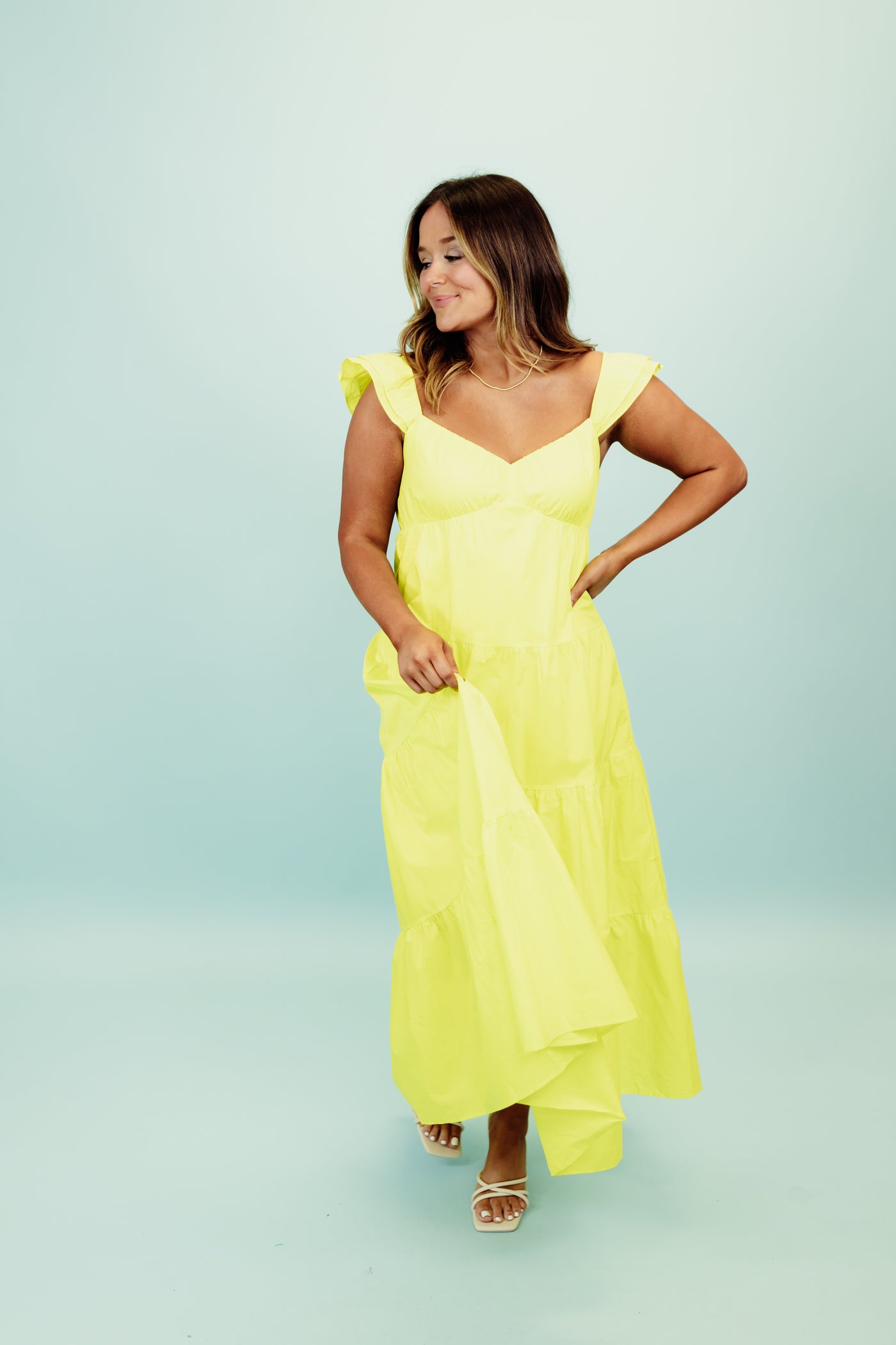 Lime Yellow Poplin Ruffle Sleeve Maxi Dress
