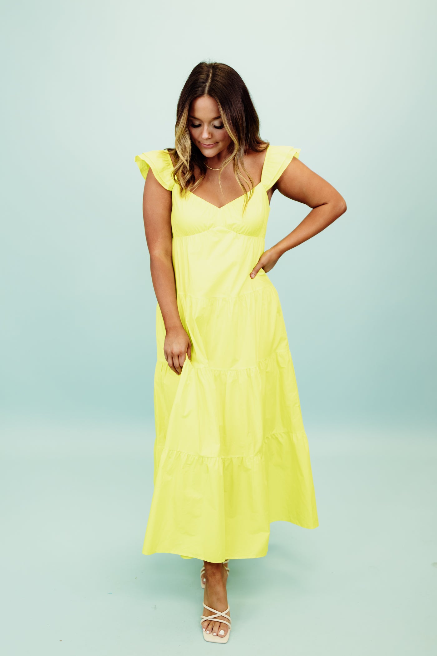 Lime Yellow Poplin Ruffle Sleeve Maxi Dress