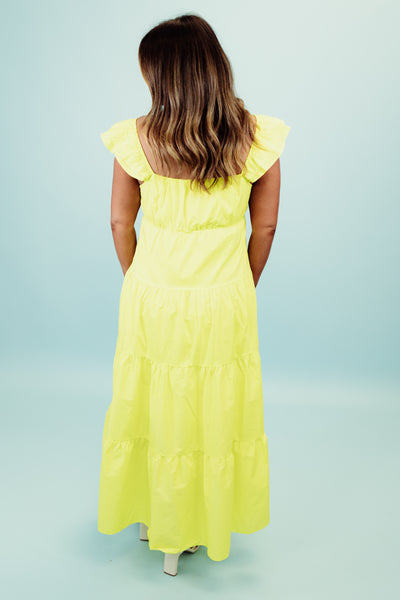 Lime Yellow Poplin Ruffle Sleeve Maxi Dress