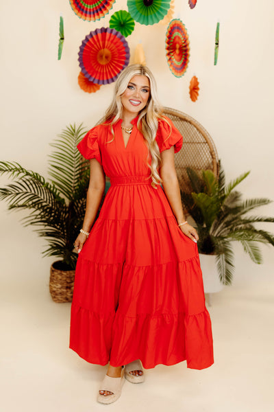 Red Split Neck Puff Sleeve Tiered Maxi
