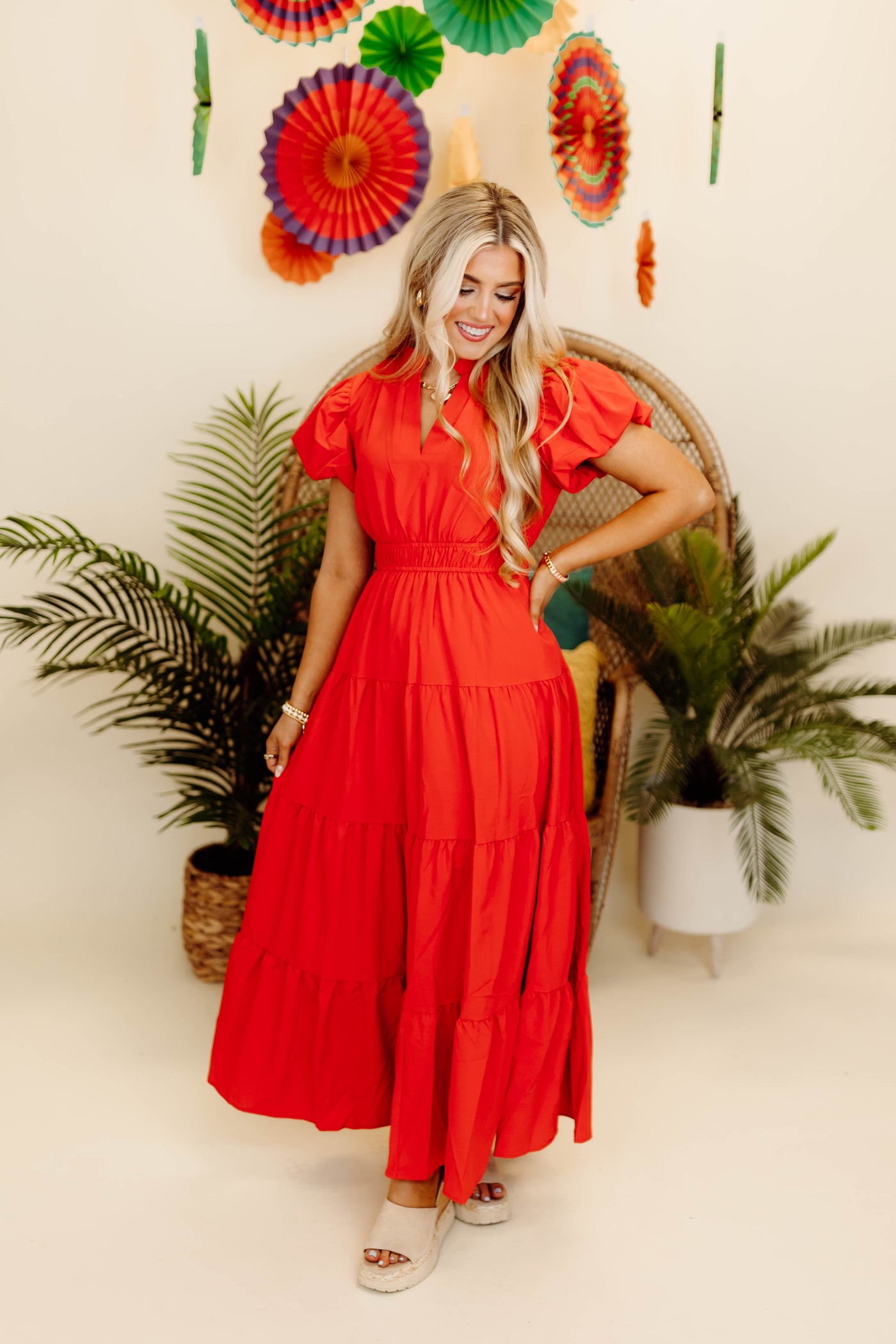 Red Split Neck Puff Sleeve Tiered Maxi