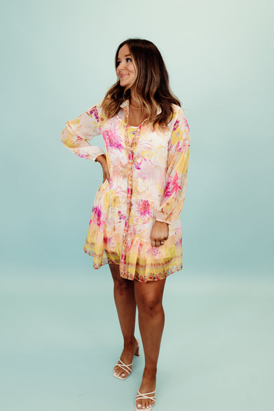 Beulah Bright Yellow Watercolor Floral Button Down Dress