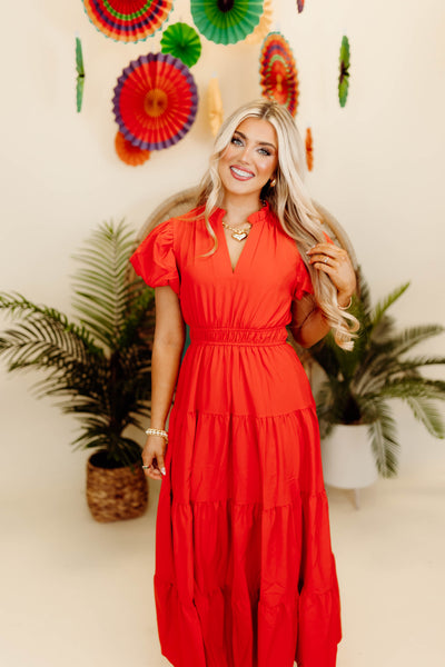 Red Split Neck Puff Sleeve Tiered Maxi