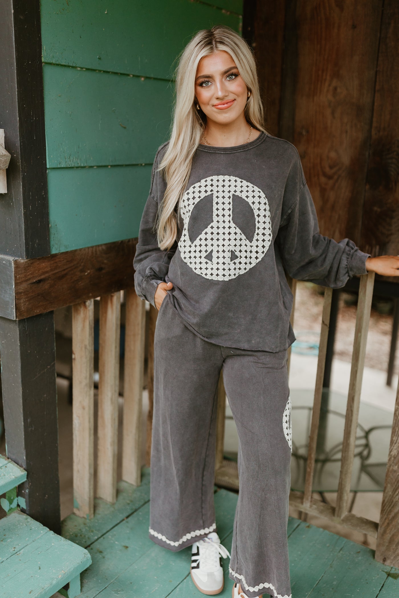 Charcoal Washed Peace Embroidered Terry Pullover and Pant Set