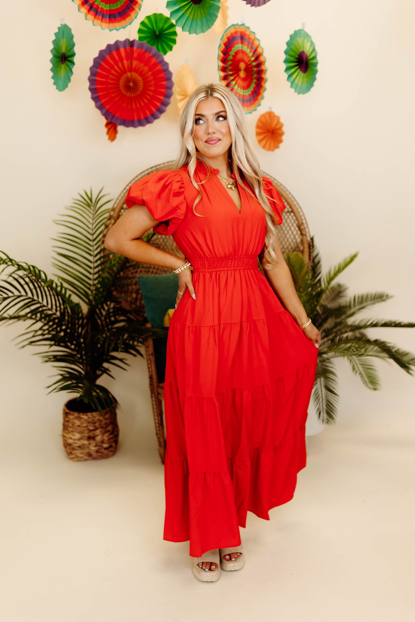 Red Split Neck Puff Sleeve Tiered Maxi