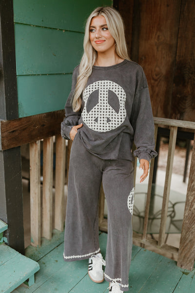 Charcoal Washed Peace Embroidered Terry Pullover and Pant Set