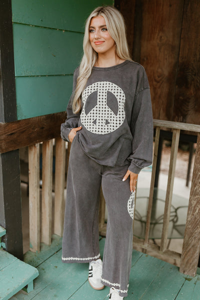 Charcoal Washed Peace Embroidered Terry Pullover and Pant Set