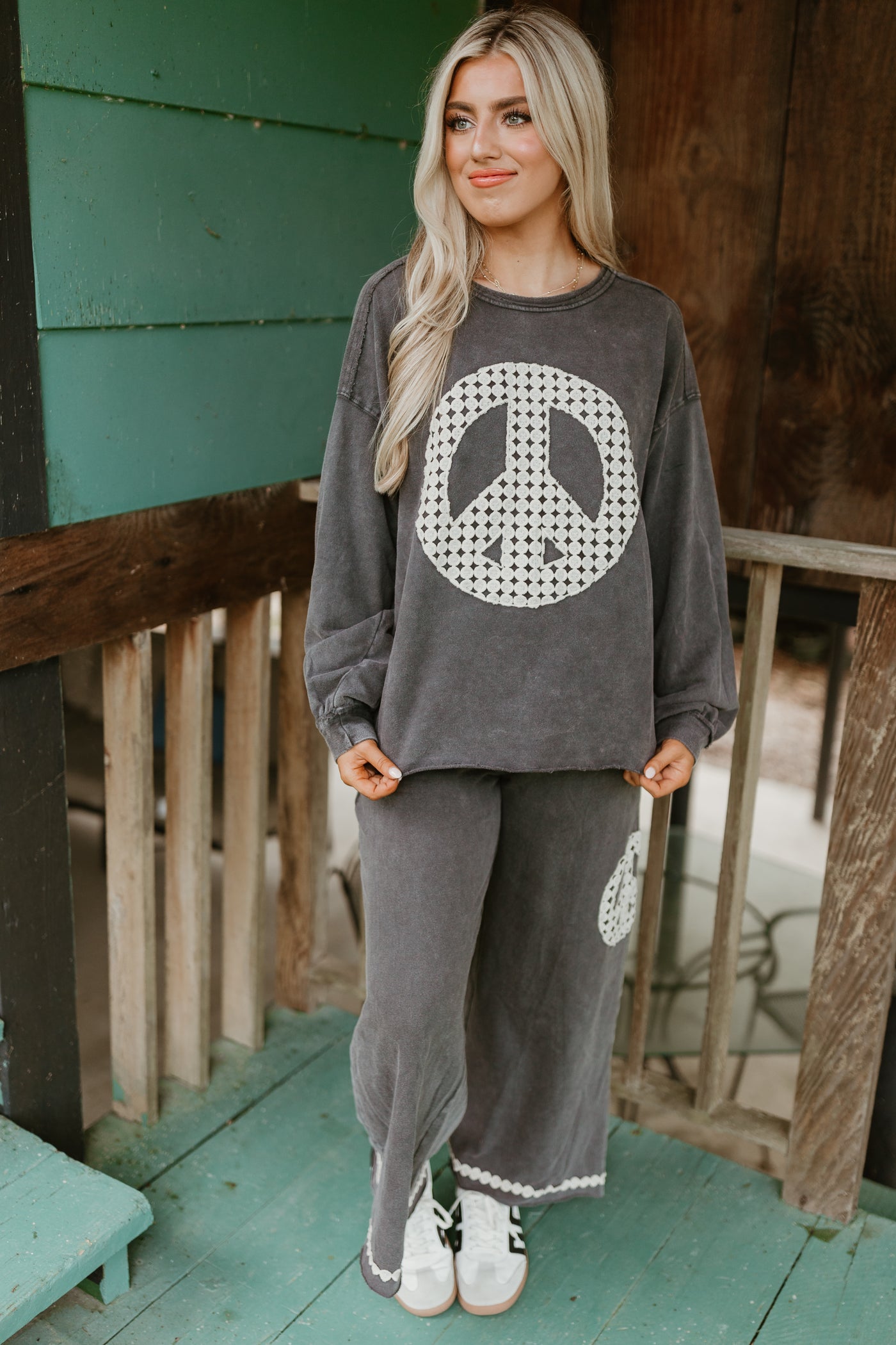 Charcoal Washed Peace Embroidered Terry Pullover and Pant Set