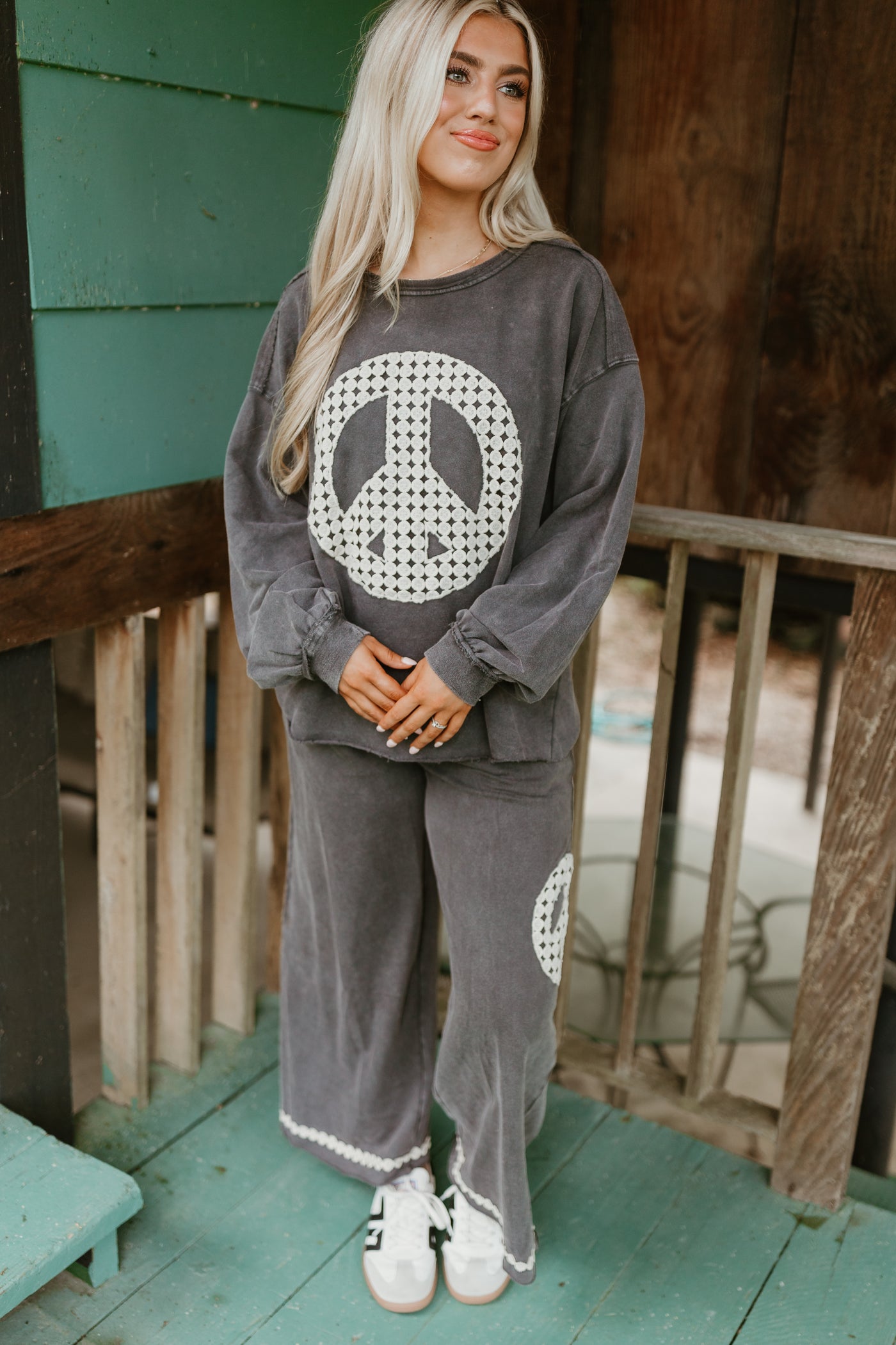 Charcoal Washed Peace Embroidered Terry Pullover and Pant Set