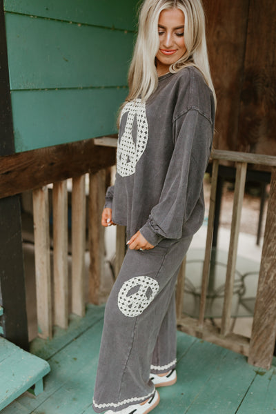 Charcoal Washed Peace Embroidered Terry Pullover and Pant Set