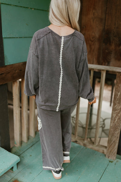 Charcoal Washed Peace Embroidered Terry Pullover and Pant Set