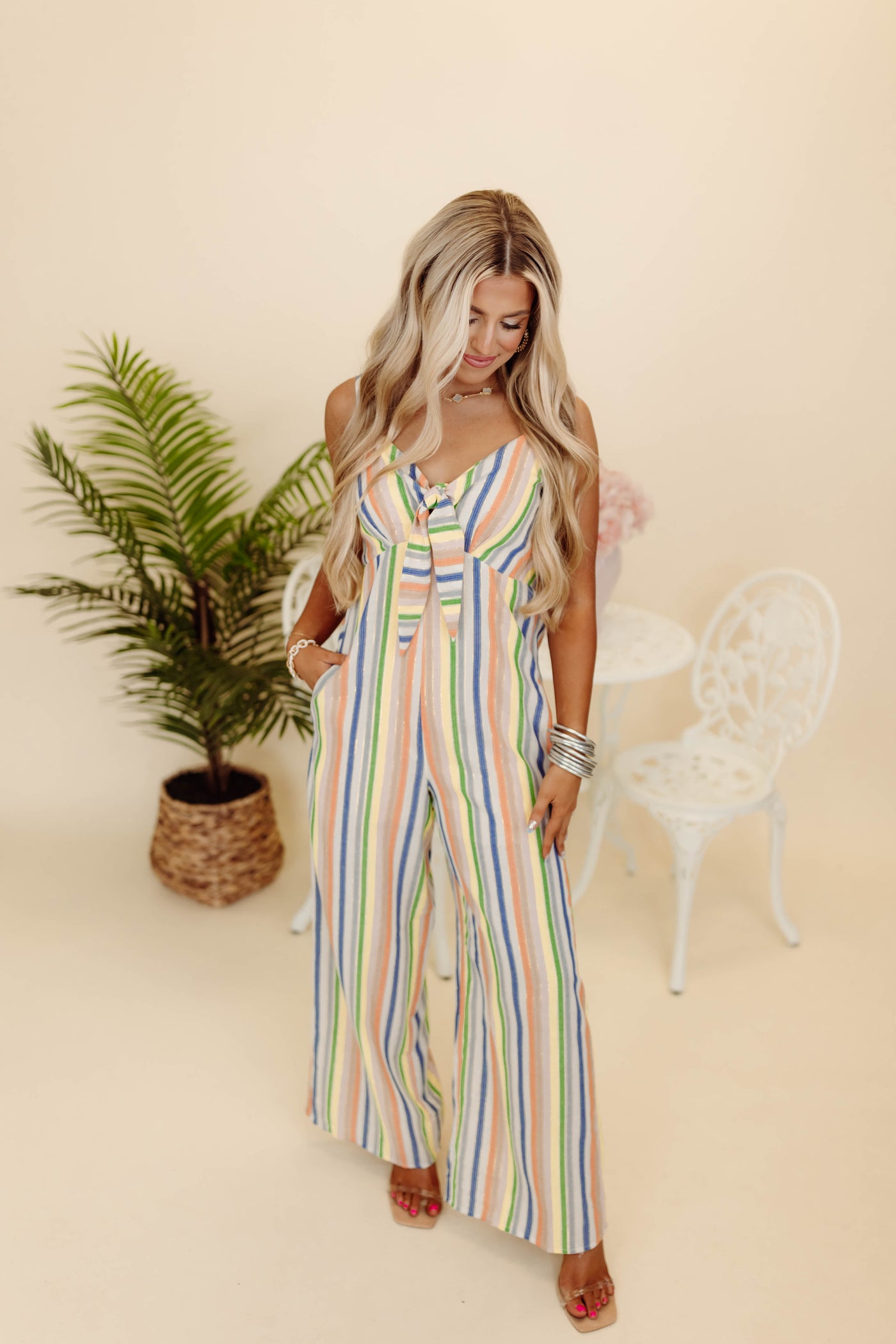 Blush Multi Striped Tie Front Jumper