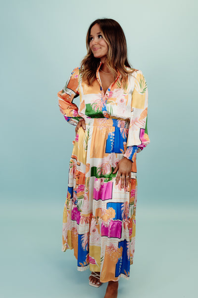 Karlie Yellow Tropical Leaf Satin Maxi Dress