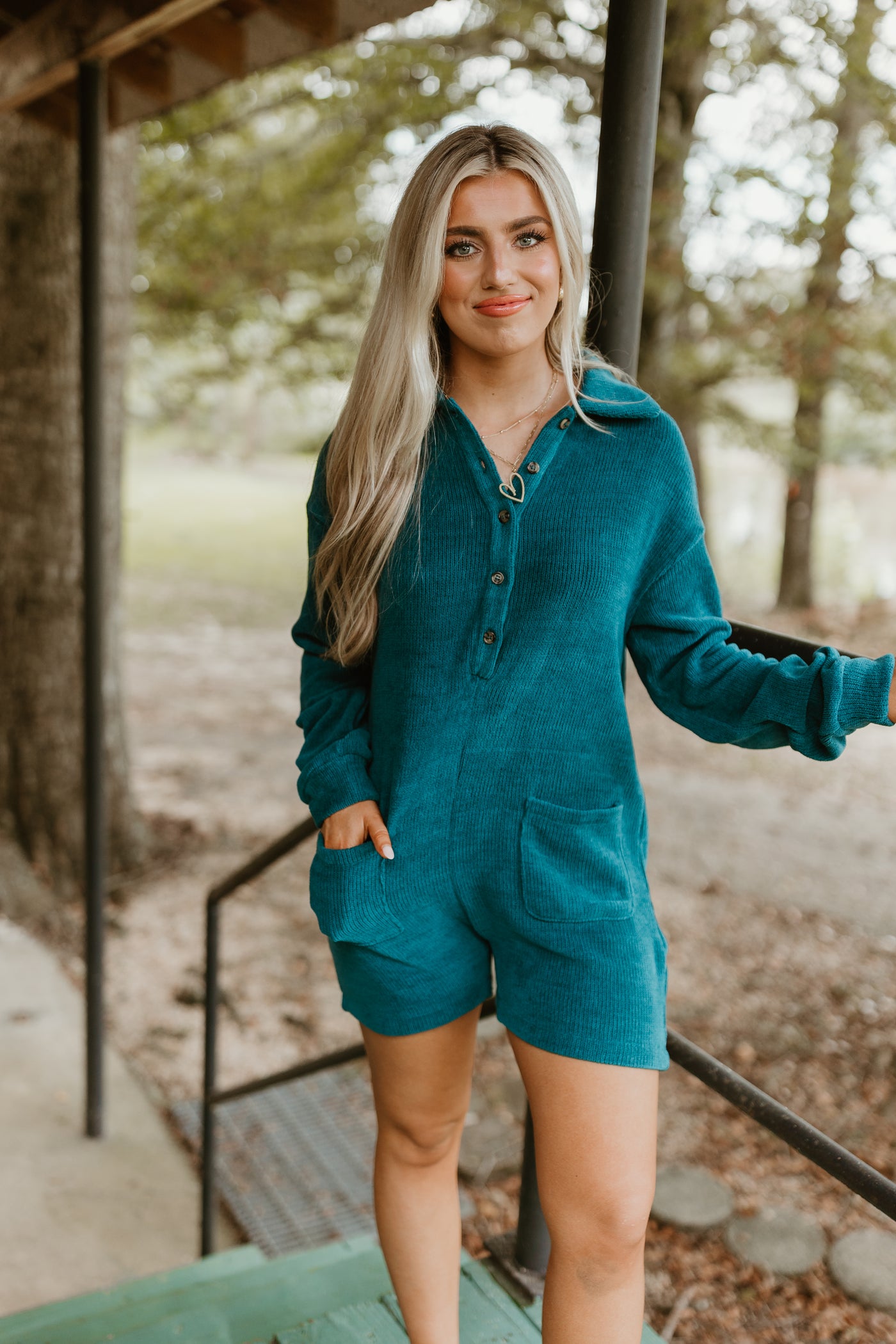 Dark Teal Collared Half Button Romper