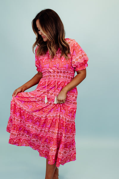 Pink and Red Mix Tie Detail Tiered Maxi Dress