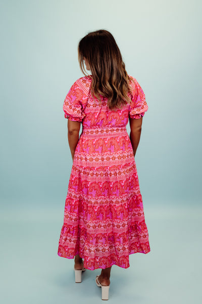 Pink and Red Mix Tie Detail Tiered Maxi Dress
