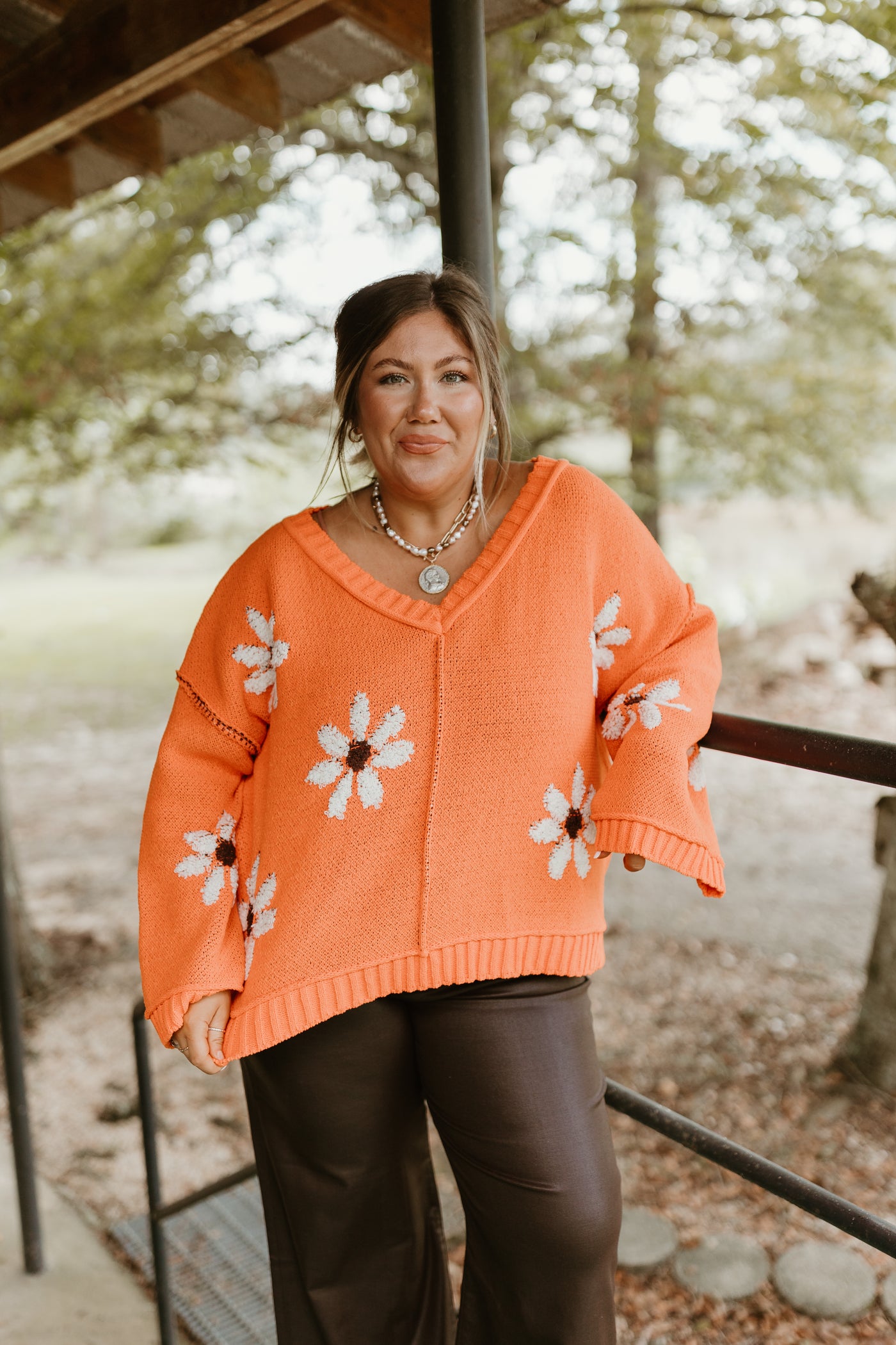 Orange Floral Knit Oversized Sweater