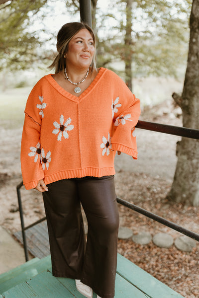 Orange Floral Knit Oversized Sweater