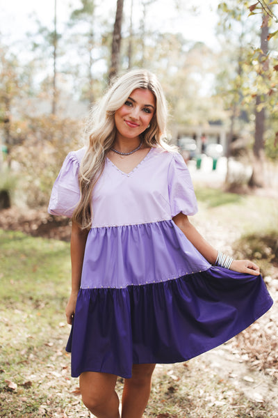 Lavender Faux Leather Colorblock Rhinestone Studded Dress