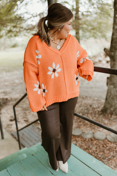 Orange Floral Knit Oversized Sweater