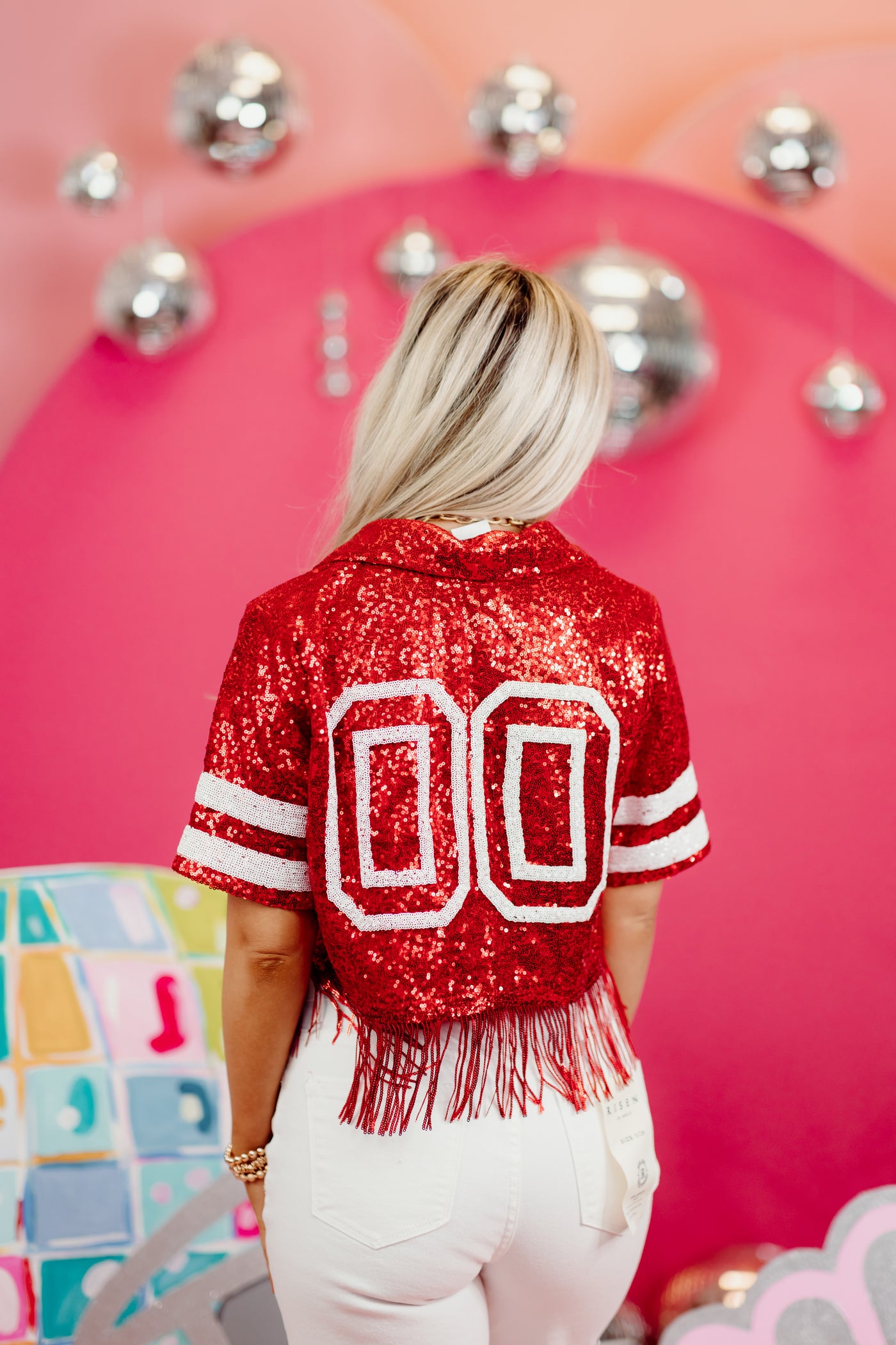 Red Fringed Sequin Varsity Crop Shirt