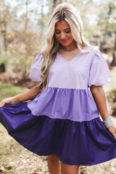 Lavender Faux Leather Colorblock Rhinestone Studded Dress