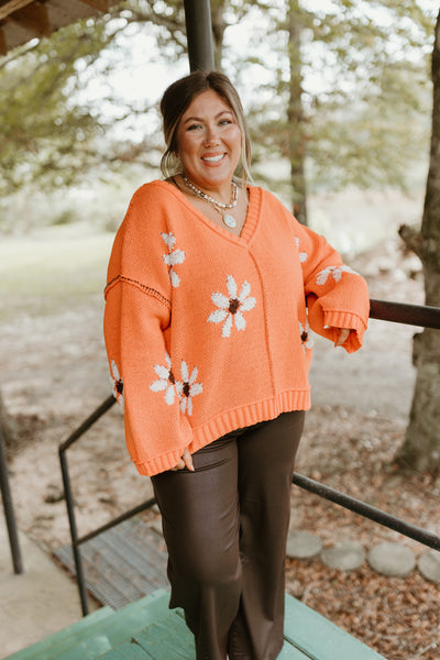 Orange Floral Knit Oversized Sweater