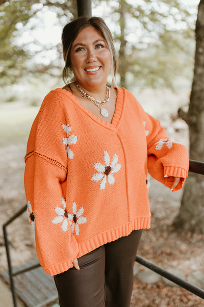 Orange Floral Knit Oversized Sweater